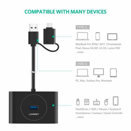 комп. USB HUB UGREEN USB 3.0 + USB-C Port, Hub 1 m CR113 (Black) (40850)