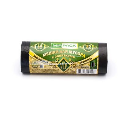Мешки для мусора 35л 15шт/рулон ПНД Mirpack Vip 15мкм 50*60см цв.черный, с завязками