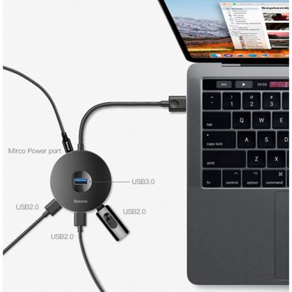 комп. Hub Baseus Round box HUB adapter (Type-C to USB3.0*1+USB2.0*3) 10cm Black (CAHUB-G01)