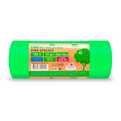 Мешки для мусора 180л 10шт/рулон ПВД Mirpack PURE ECOLOGY Био 40мкм 93*130см цв.зеленый
