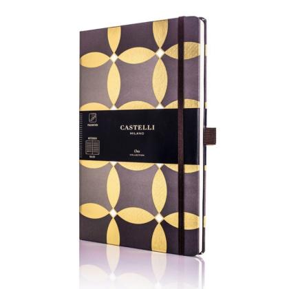 Блокнот А5 130*210 мм., 120 л., тонир., лин. "Oro Circles" обл. искусств. матер., на резинке, коричневый/золотистый