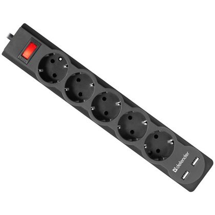 Сетевой фильтр 1.8 м Defender DFS 751 <5 розеток + 2 USB> черный