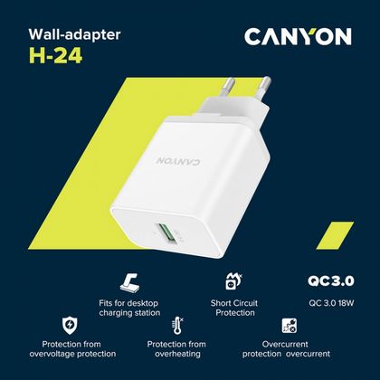 Адаптер питания CANYON CNE-CHA24W QC3.0 24W 100V-240V 18W Output: 5V/3A,9V/2.67A,12V/2A, белый