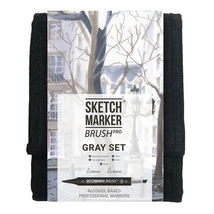 Маркер перм., худ. "Sketchmarker Brush Gray Set" двусторонний, набор 12 шт. + сумка-органайзер