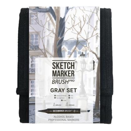 Маркер перм., худ. "Sketchmarker Brush Gray Set" двусторонний, набор 12 шт. + сумка-органайзер