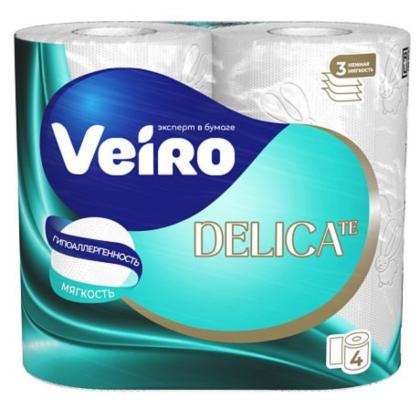 Бумага туалетная  Veiro Delicate, 4 рул, цв.белый, 3-сл.