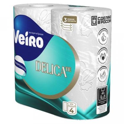 Бумага туалетная  Veiro Delicate, 4 рул, цв.белый, 3-сл.