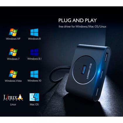 комп. USB HUB UGREEN USB 3.0 Hub 1m CR113 (Black) (20291)