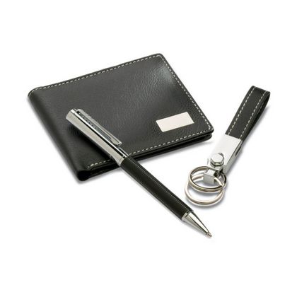 Набор кошелек+ручка шарик/автомат+брелок "Eleganci" черный/серебристый, карт. футляр