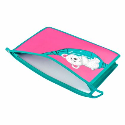 Папка д/тетрадей А4 "Мишка на сумке" молния, пласт., розовый/бирюзовый