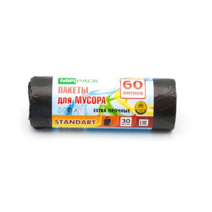 Мешки для мусора 60л 30шт/рулон ПНД Mirpack Standart 6мкм 60*70см цв.черный