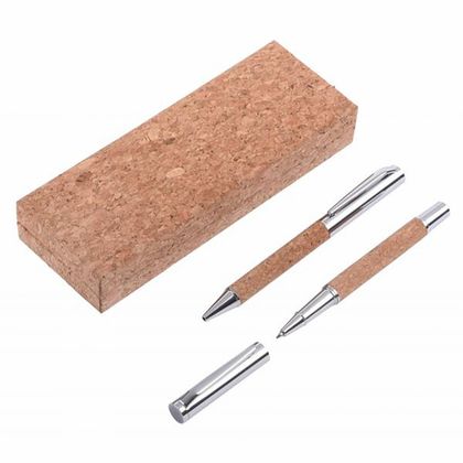 Набор ручек шарик/автомат+роллер "Cork signature" пробк./метал., подарочн. упак., коричневый/серебристый