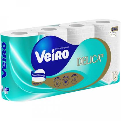 Бумага туалетная  Veiro Delicate, 8 рул, цв.белый, 3-сл.