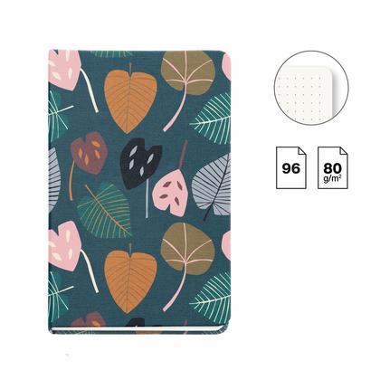 Блокнот  93*145 мм, 96 л., в точку "Autumn Leaves Green Leaves" прошит сбоку, тверд. обл. ткан., зеленый