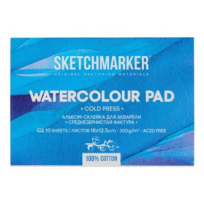 Блок бумаги для акварели "Sketchmarker" 100% хлопок, 12,5*18 см, 300 г/м2, 10 л., мелкозернистая