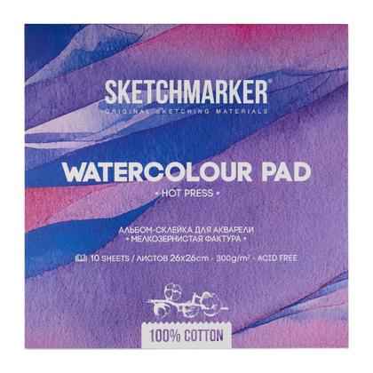 Блок бумаги для акварели "Sketchmarker" 100% хлопок, 26*26 см, 300 г/м2, 10 л., крупнозернистая