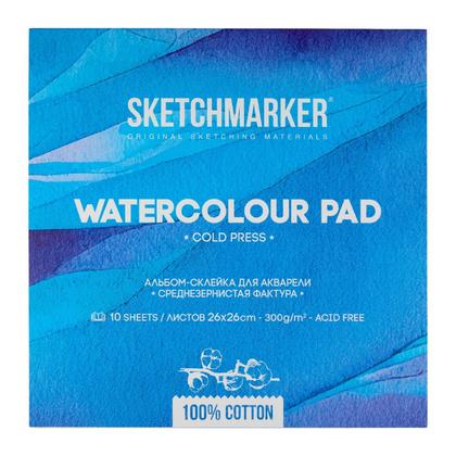 Блок бумаги для акварели "Sketchmarker" 100% хлопок, 26*26 см, 300 г/м2, 10 л., крупнозернистая