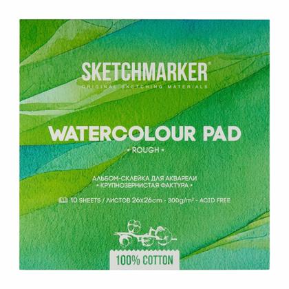 Блок бумаги для акварели "Sketchmarker" 100% хлопок, 26*26 см, 300 г/м2, 10 л., крупнозернистая
