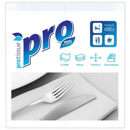 Салфетки бумажные PROtissue 33*33см, 2 слоя, 1/8 - сложение, цв.белый, 100 листов