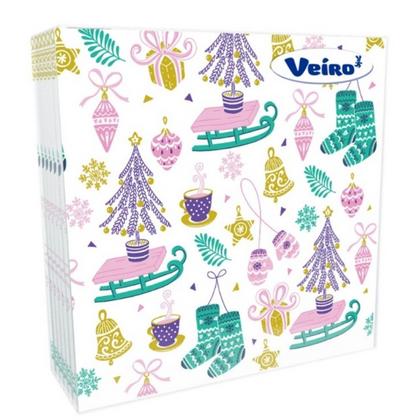 Салфетки бумажные Veiro 33*33см с рисунком Елки и санки, 20шт