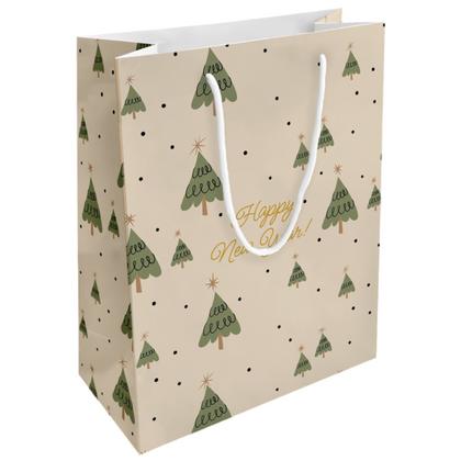 Пакет бумажный подарочный 25*32*12 см "Елки" молочный
