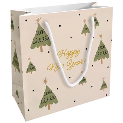 Пакет бумажный подарочный 20*20*8 см "Spruce. Елки" бежевый