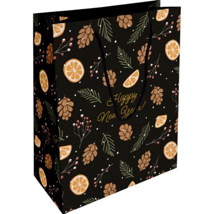 Пакет бумажный подарочный 25*32*12 см "Spruce. Шишки" черный