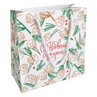 Пакет бумажный подарочный 20*20*8 см "Holidays. Шишки" белый