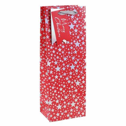 Пакет бумажный подарочный 12,7*9*35,5 см "Xmas Silver stars" д/бутылки