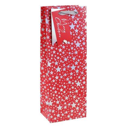 Пакет бумажный подарочный 12,7*9*35,5 см "Xmas Silver stars" д/бутылки