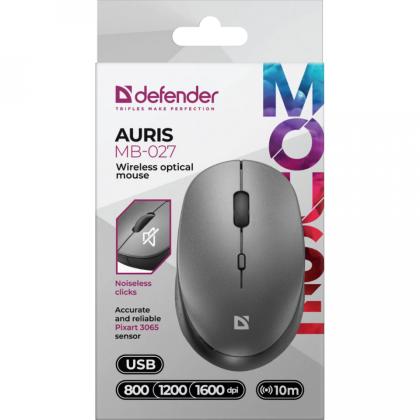 комп. мышь DEFENDER Auris MB-027  (оптич., беспроводная, бесшумная, серый, 800-1600 dpi)