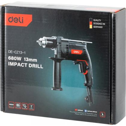 Дрель ударная "Deli CZ13-1E" сетевая, 680 Вт, 3000 об./мин, 1 скор., коробка, черная
