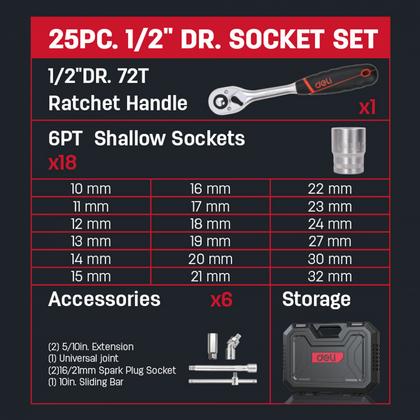Набор инструмента 1/2" Deli RS EDQ43025, 25 предметов