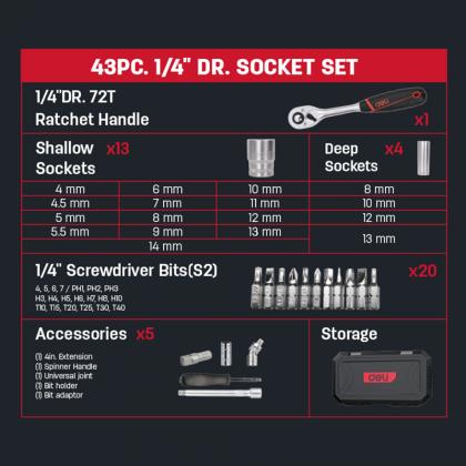 Набор инструмента 1/4" Deli RS EDQ41043, 43 предмета 