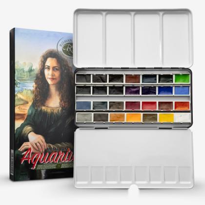 Краски акварельные "Aquarius. Mona Omrani" набор 28 цв., кюветы, метал. коробка