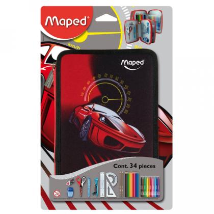 Пенал на 2 отд. "Cars" с наполнением, полиэстер, чёрный/красный